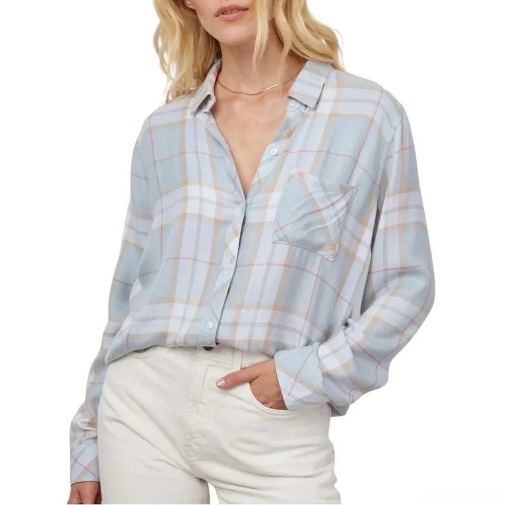 Rails Hunter Shirt Womens XS Oyster Pink Sand Plaid Rayon Button Down
